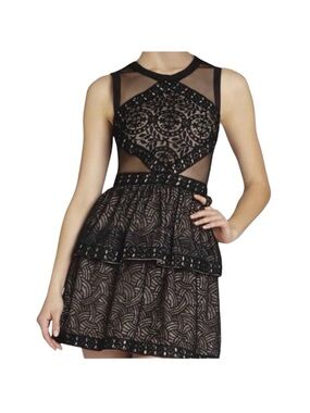 BCBGMaxazria Joselyn Fit & Flare Black Lace Overlay Peplum Mini Dress Size 4